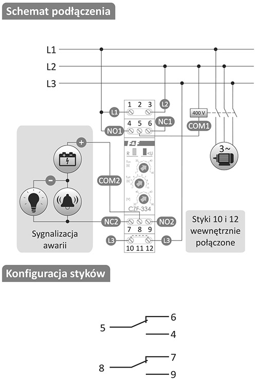 Schemat podłączenia i konfiguracja styków dla CZF-334